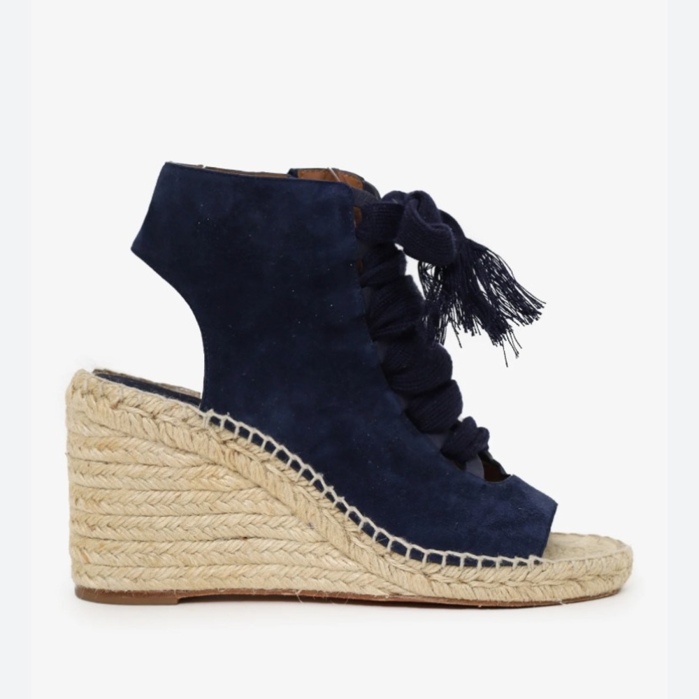 Chloe Harper Wedge Espadrilles Women EU 37 US 7 Blue Suede Lace Up Sandals
